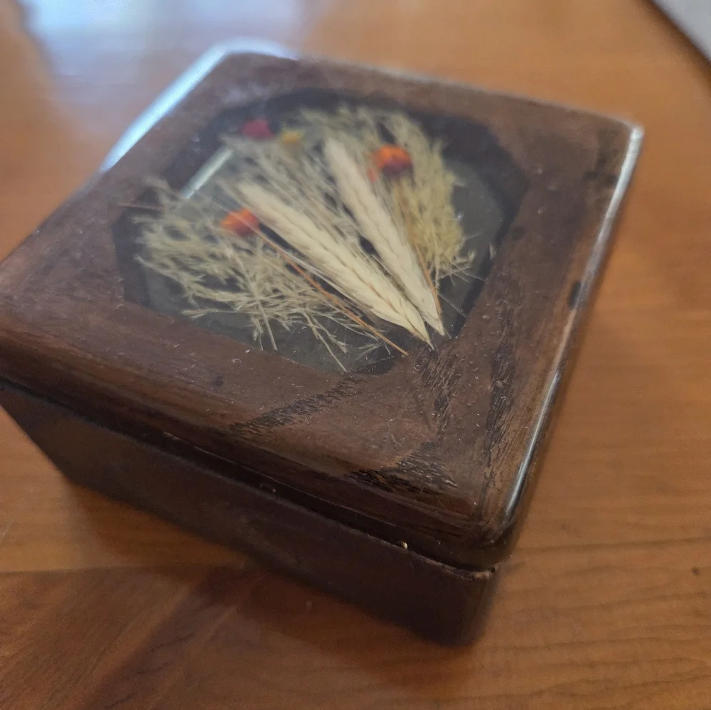 70s Wood Box With Resin Top That Has Dried Flowers And A Lady Bug